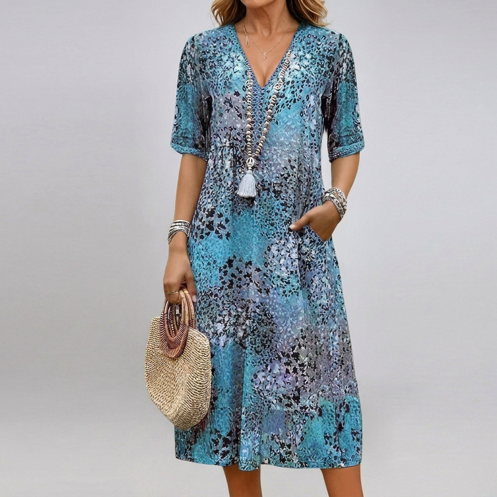 Deze bedrukte dames v-halsjurk met zakken en korte mouwen biedt casual comfort. Perfect als zomerjurk.