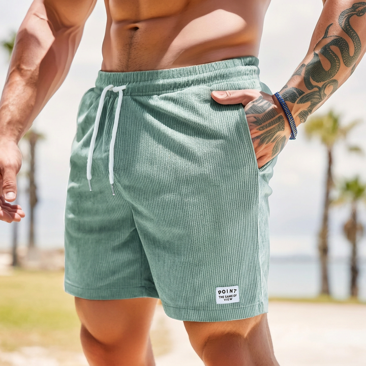 Zijkant van heren vintage shorts met rechte pasvorm, casual en zomerklaar voor vrijetijd.
