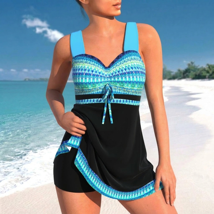 Elegante plus size dames zwemkleding. Tweedelige zwemset met rokmodel voor een stijlvolle zomerlook.