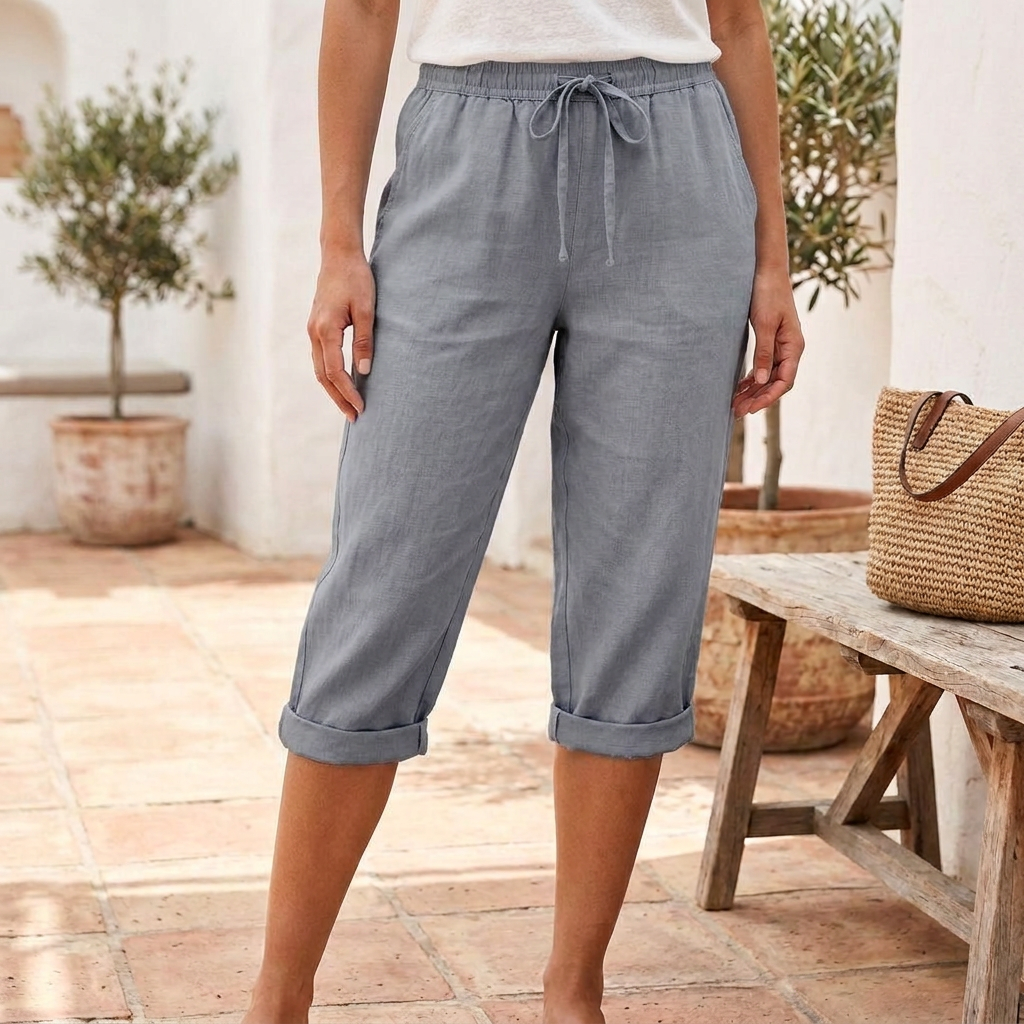 Praktische dames capribroek CJ26 met handige zakken en comfortabele elastische tailleband.