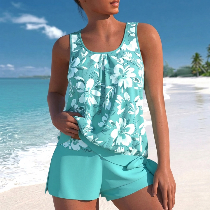 Comfortabel dames badpak CJ26, tweedelig met stijlvolle print en korte zwemshort voor zomerplezier.