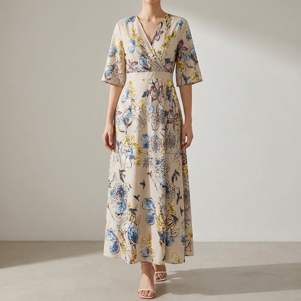 Casual lange dames zomerjurk met vrolijke bloemenprint en ceintuur, comfortabel voor warme dagen.
