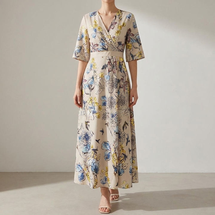 Casual lange dames zomerjurk met vrolijke bloemenprint en ceintuur, comfortabel voor warme dagen.