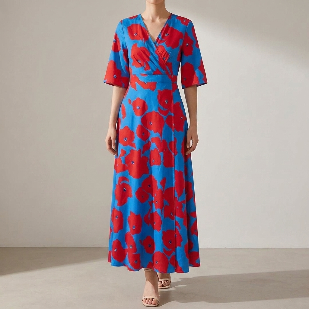Dames zomerjurk met korte mouwen, elegante bloemenprint en ceintuur. Ideaal voor casual en vakantie gelegenheden.