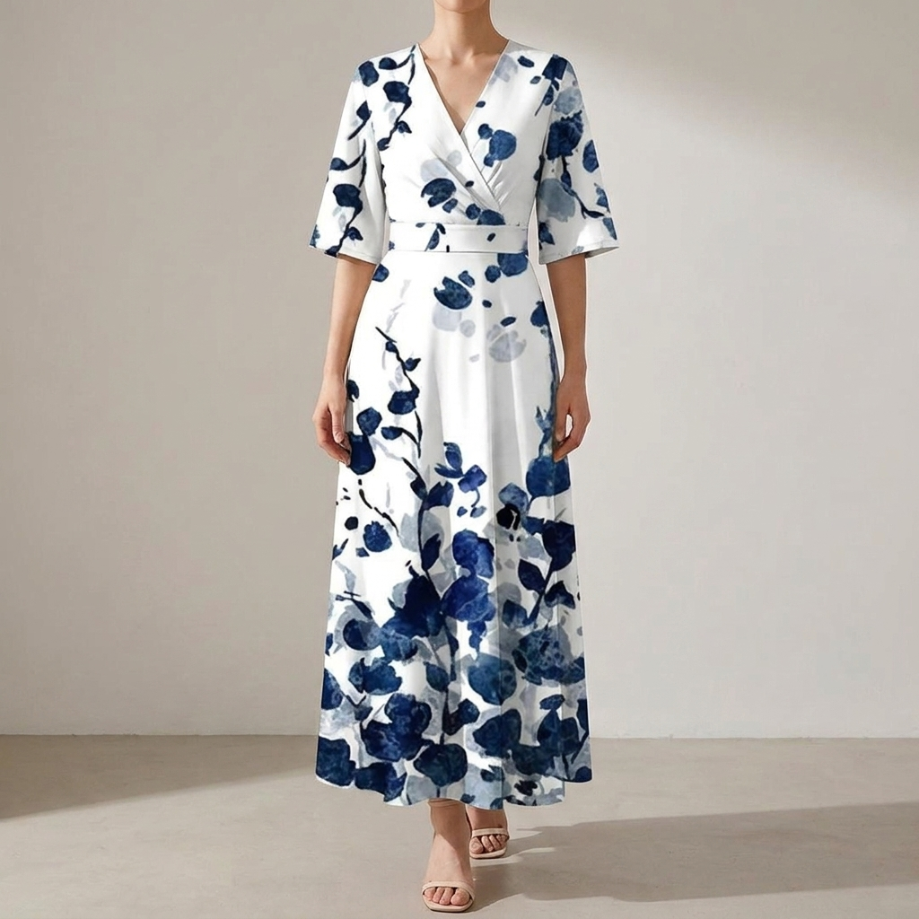 Elegante dames zomerjurk met levendige bloemenprint en korte mouwen, perfect voor strand of terras.