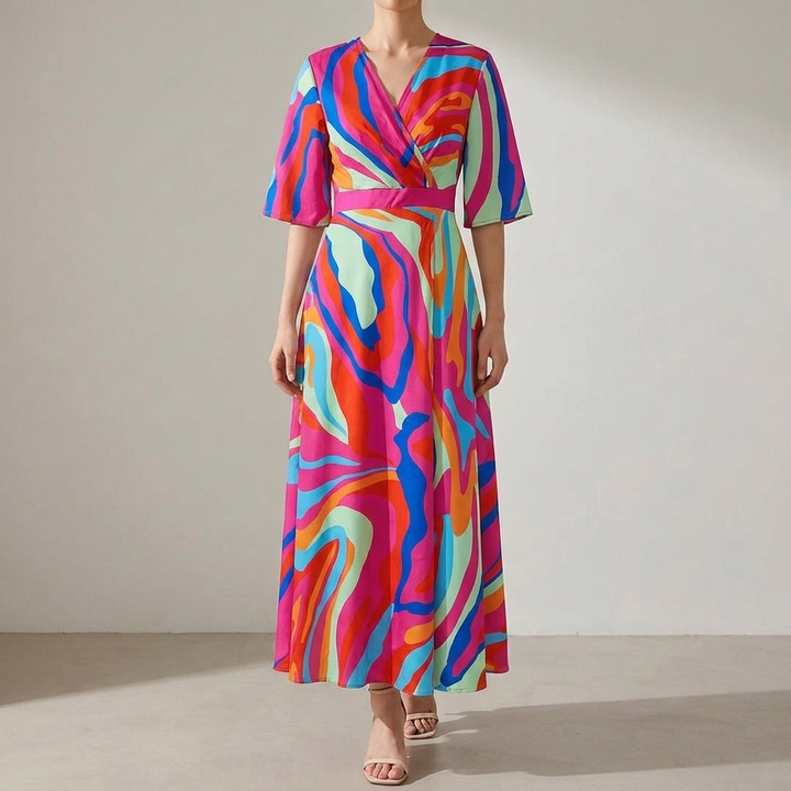Comfortabele dames zomerjurk met korte mouwen en stijlvolle bloemenprint, ideaal als vakantie- of strandjurk.