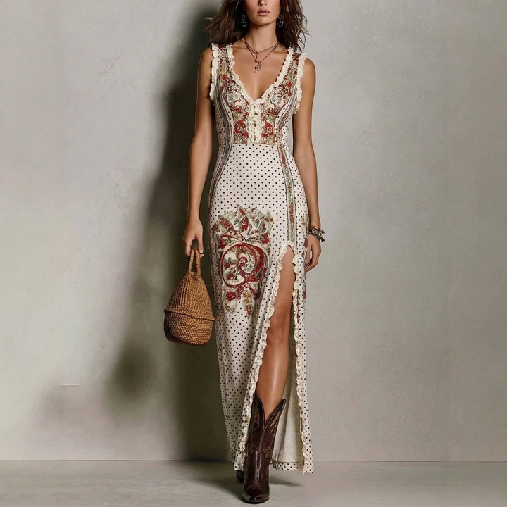 Casual dames zomerjurk: bohemian maxi-jurk met unieke print en verleidelijke hoge split.