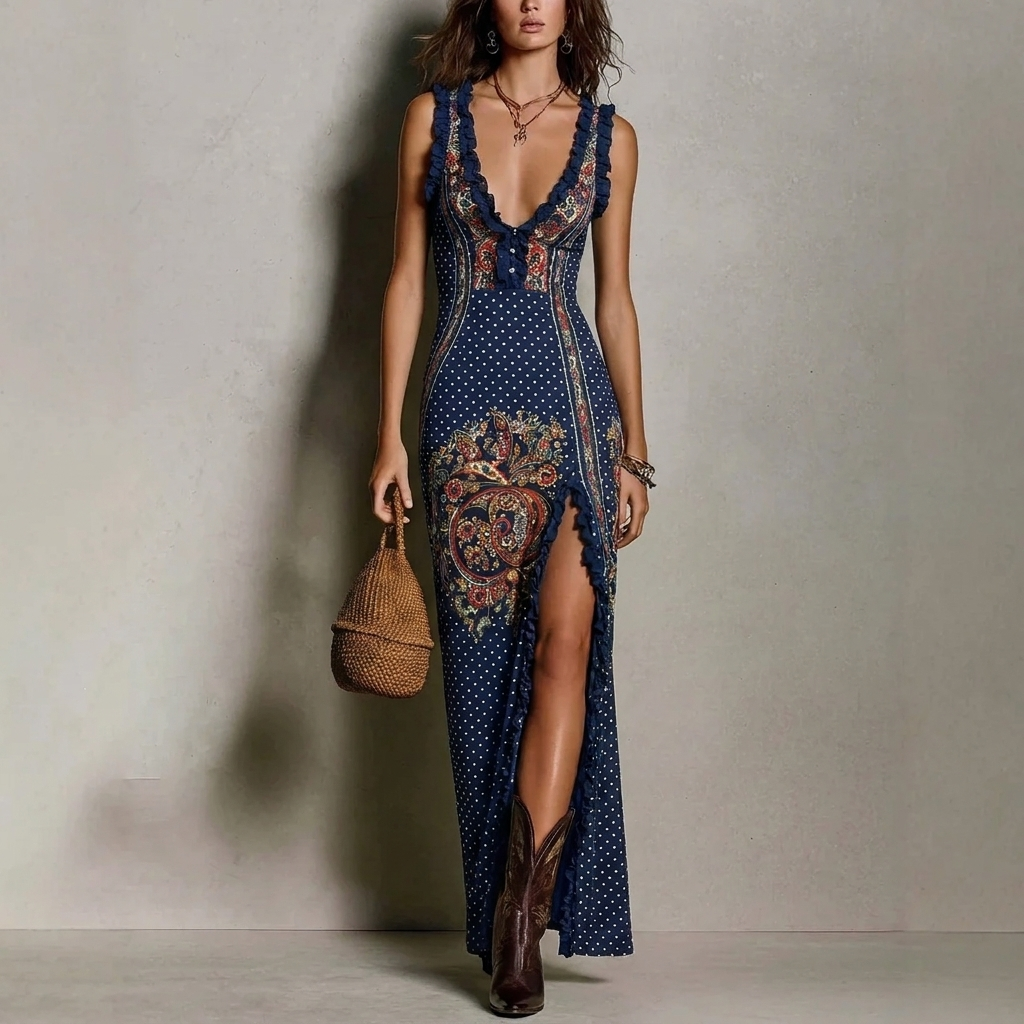 Stijlvolle dames maxi-jurk met boho print, hoge split; een comfortabele en trendy keuze voor de zomer.
