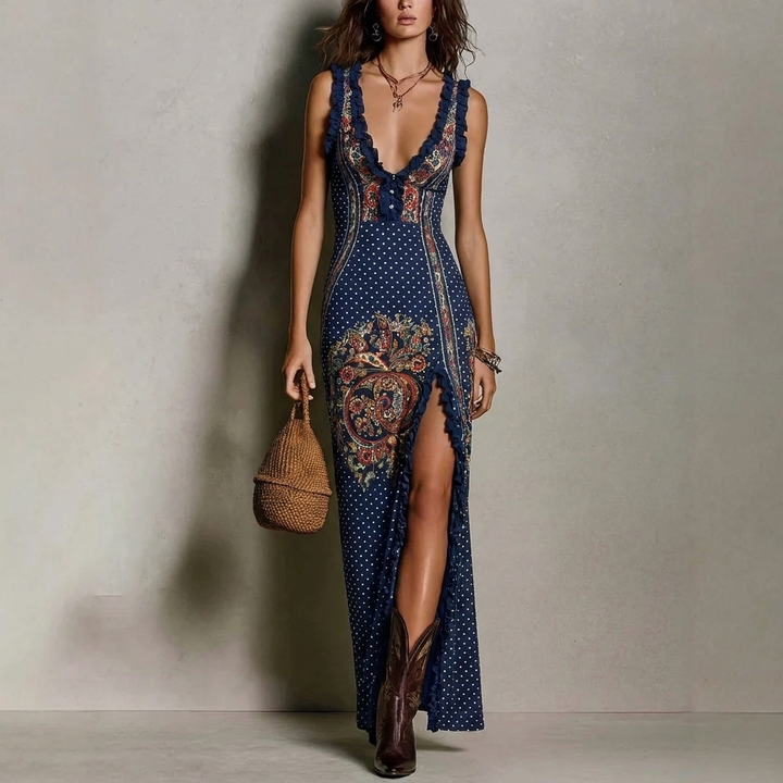 Stijlvolle dames maxi-jurk met boho print, hoge split; een comfortabele en trendy keuze voor de zomer.
