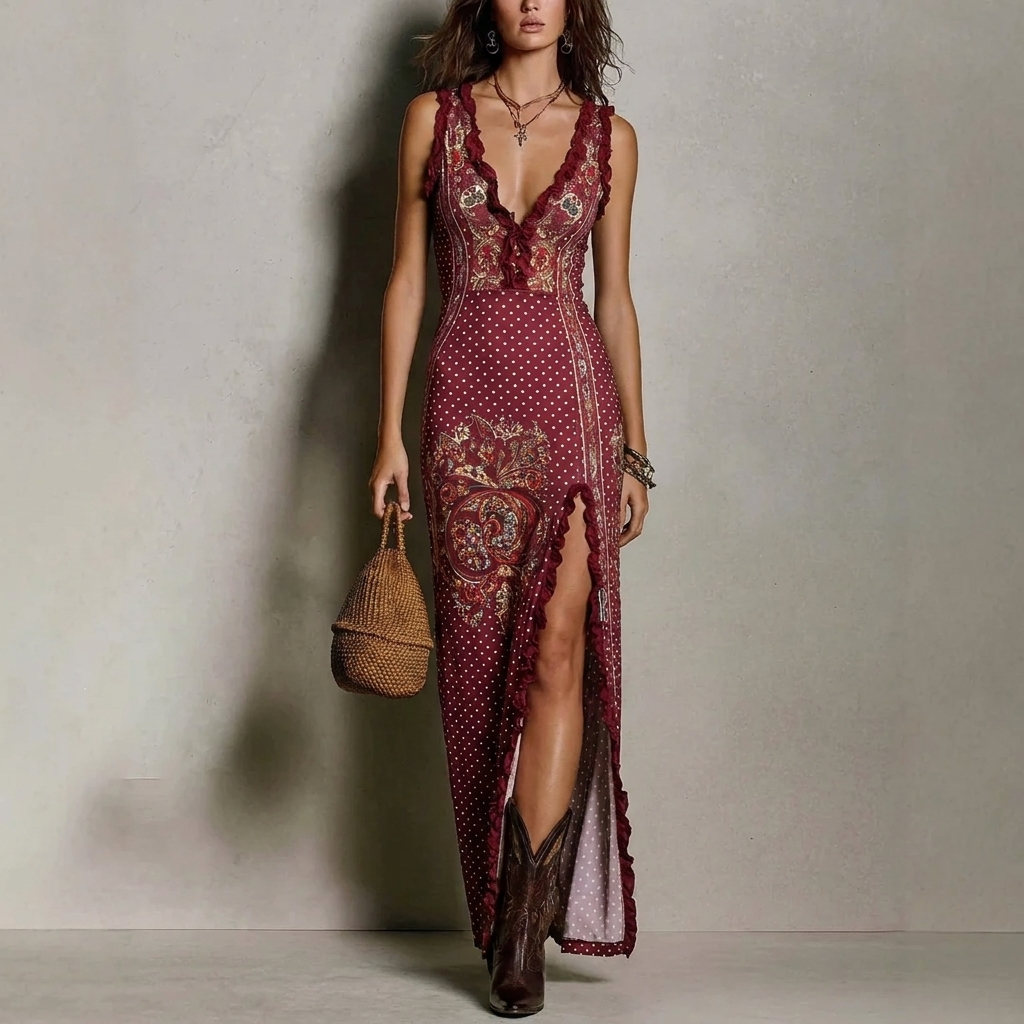Elegante zwarte boho maxi-jurk met hoge split, perfect als casual of strandjurk voor dames.