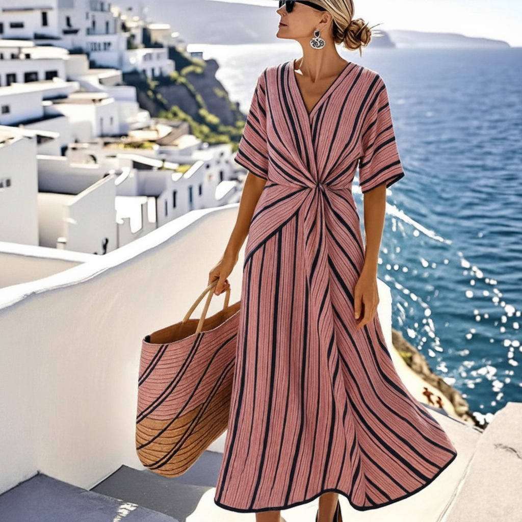 Trendy lange dames maxi-jurk met V-hals. Geschikt als feestjurk, vakantie-outfit of elegante zomerjurk.