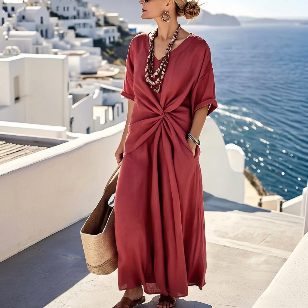 Trendy dames maxi-jurk met V-hals. Comfortabele en elegante lange zomerjurk, perfect voor strand of feest.
