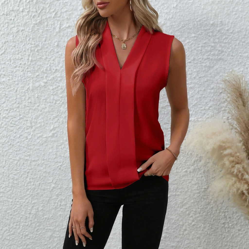 Luchtige dames zomertop CJ26 met V-hals, mouwloos, comfortabel en casual voor een ontspannen stijl.