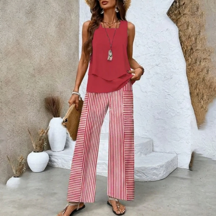 Comfortabele dames zomerkleding set: mouwloze top en wijde broek, ideaal als strandkleding of casual.