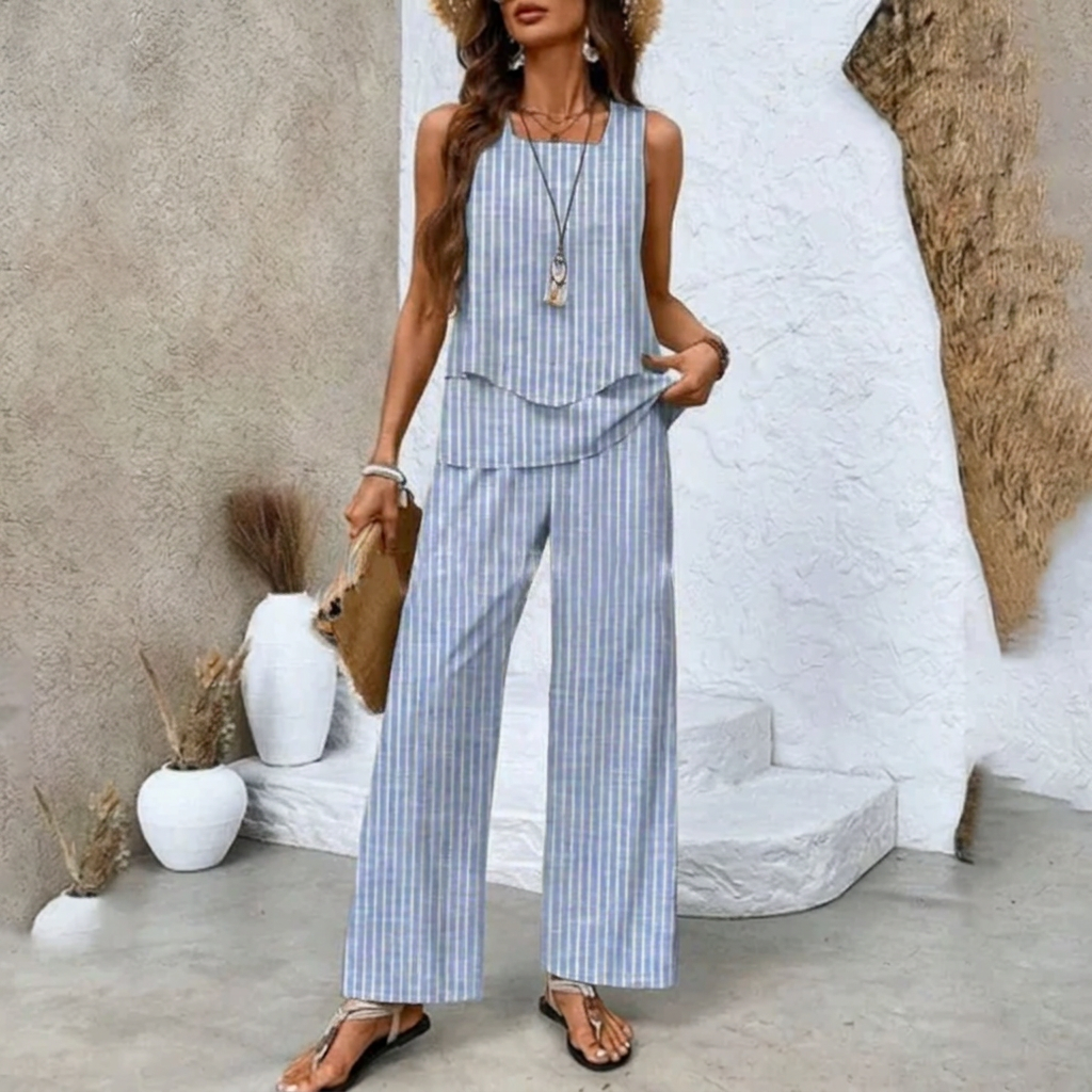 Ontspannen tweedelige zomer set voor dames met wijde broek en gelaagd topje, voor een comfortabele look.
