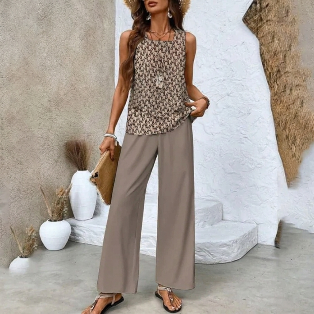 Veelzijdige dames zomer set met mouwloze top en wijde broek, geschikt voor strand, vakantie of thuis.
