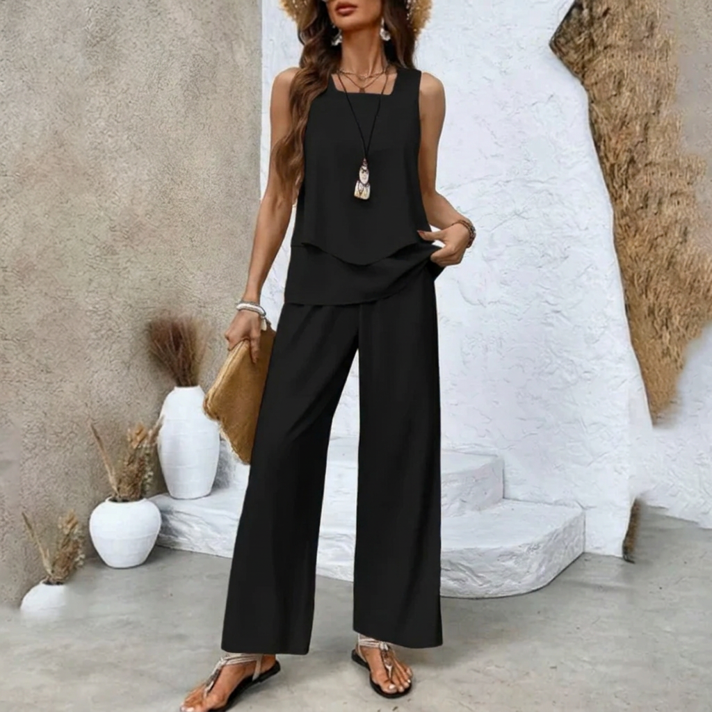 Elegante en comfortabele dames zomer set: gelaagd topje en wijde broek voor een stijlvolle, ontspannen look.