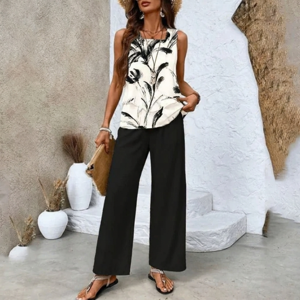 Dames tweedelige zomer set: gelaagd topje en comfortabele wijde broek voor een casual modieuze stijl.