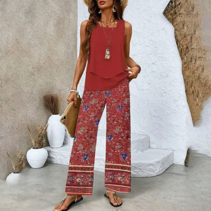 CJ26 dames zomer set: gelaagd mouwloos topje en wijde broek, ideaal voor casual strandkleding en vakantie.
