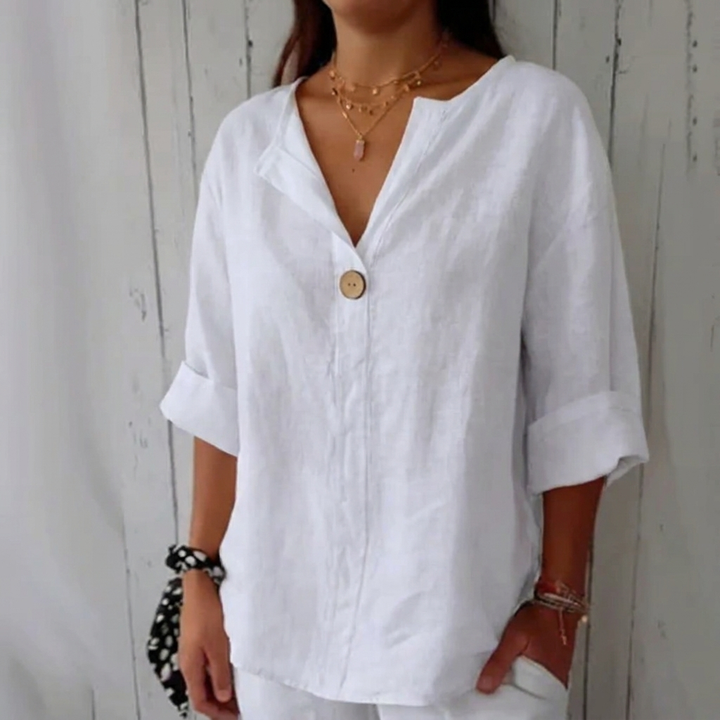 Modieuze dames top CJ26 met V-hals, 3/4 mouw. Veelzijdige blouse voor casual en zakelijke look.
