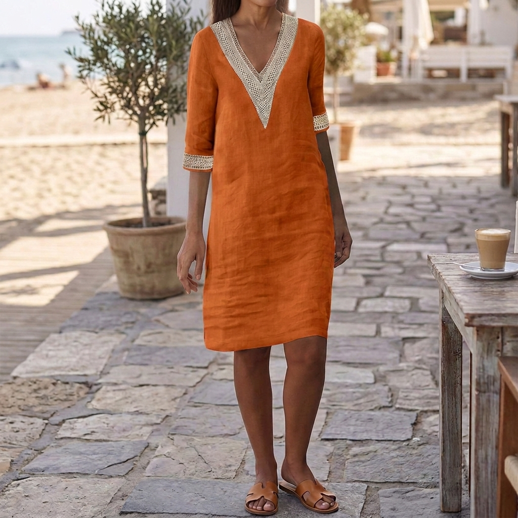 Elegante dames klassieke rechte jurk met V-hals en korte mouwen, ideaal voor een comfortabele zomerlook.