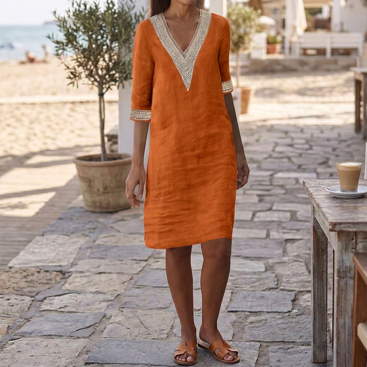 Elegante dames klassieke rechte jurk met V-hals en korte mouwen, ideaal voor een comfortabele zomerlook.