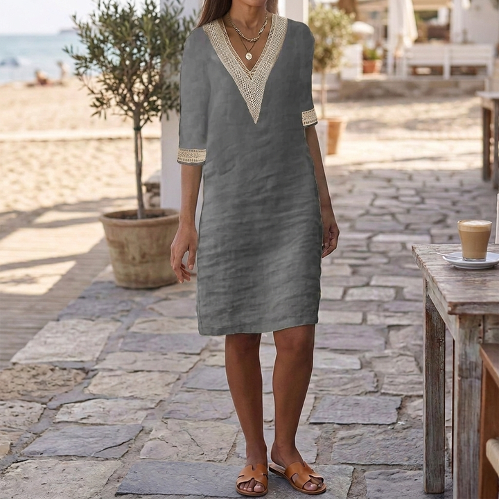 Veelzijdige dames rechte jurk met V-hals en korte mouwen, een elegante casual jurk voor zomerse dagen.