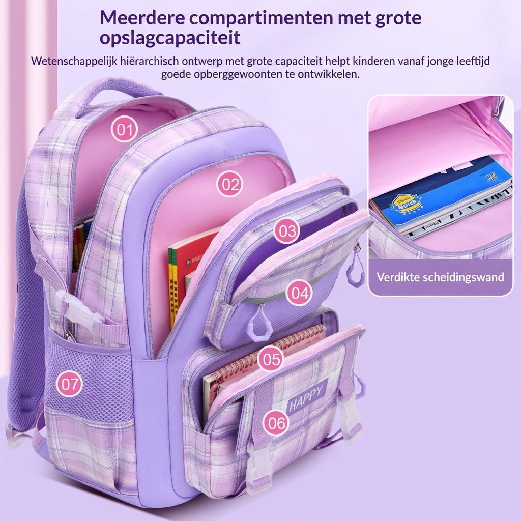 Duurzame meisjes rugzak voor school, met ruime meervakken voor georganiseerde opslag van schoolbenodigdheden.