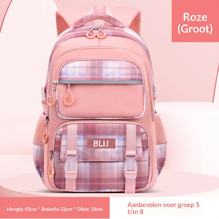 Ruime meisjes schooltas met georganiseerde vakken, ideaal voor dagelijks gebruik door kinderen op school.