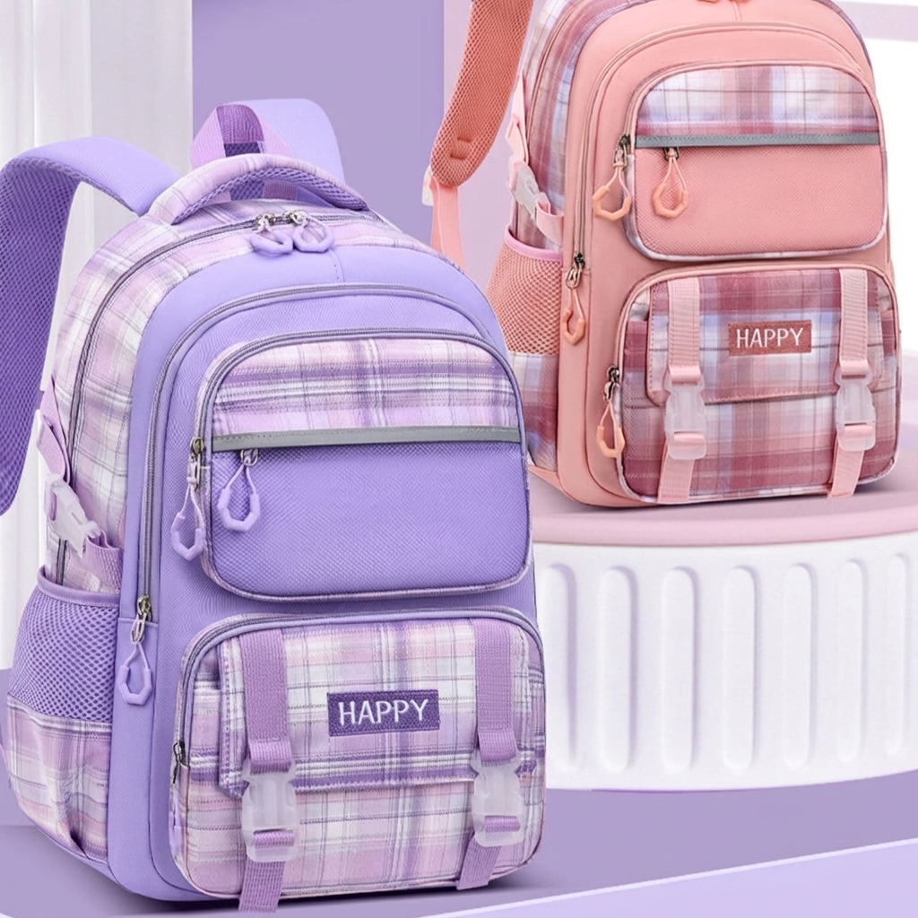 Meisjes schoolrugzak met meerdere vakken in roze en paars voor basisschool en middelbare school studenten.