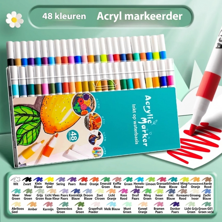 Levendige acryl markers en tekenpennen op papier, tonend rijke kleuren voor al je kunstbenodigdheden.