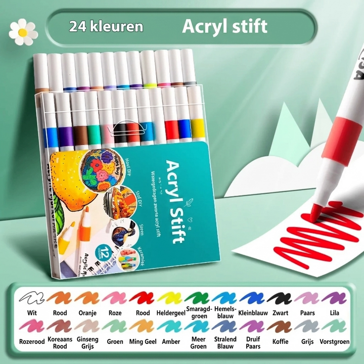 Close-up van diverse acryl stiften en markers, perfect voor gedetailleerd tekenen, knutselen en illustreren.