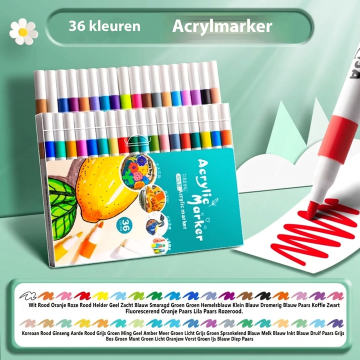 Complete set acryl verfstiften in georganiseerde verpakking, klaar voor je creatieve projecten en kunstwerken.