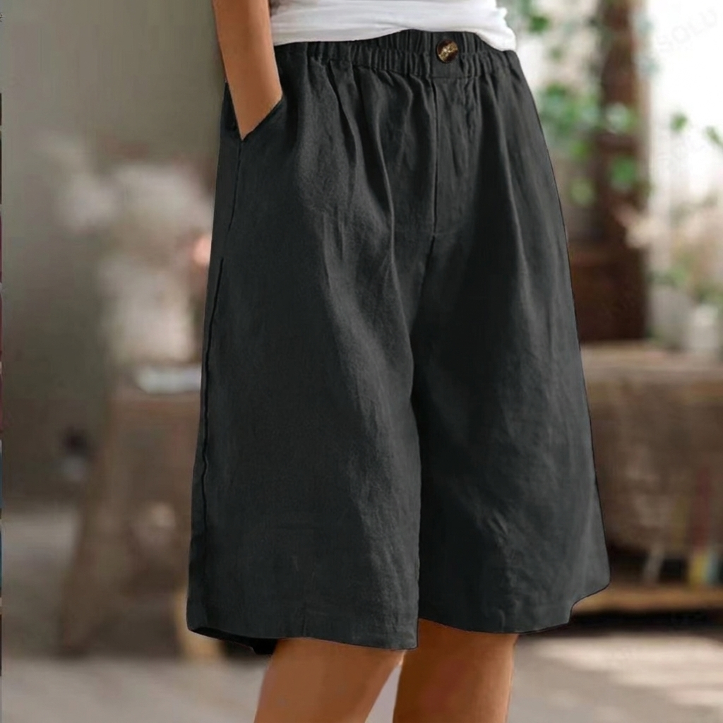 Dames losvallende short CJ26 met hoge taille, ideaal voor zomer en strand. Comfortabel katoen linnen.