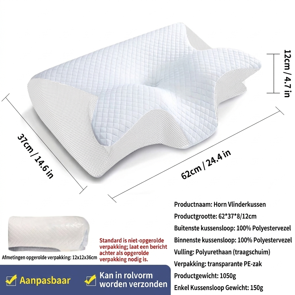 Comfortabel vlindervormig traagschuim slaapkussen; ergonomische nekondersteuning voor zij-, rug- & buikslapers.