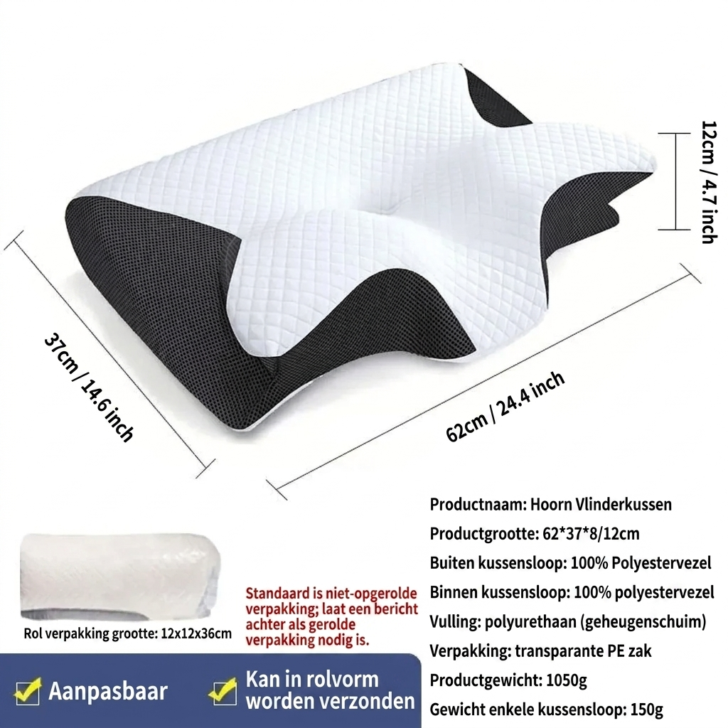 Uniek vlindervormig slaapkussen van traagschuim, essentieel voor nekondersteuning.