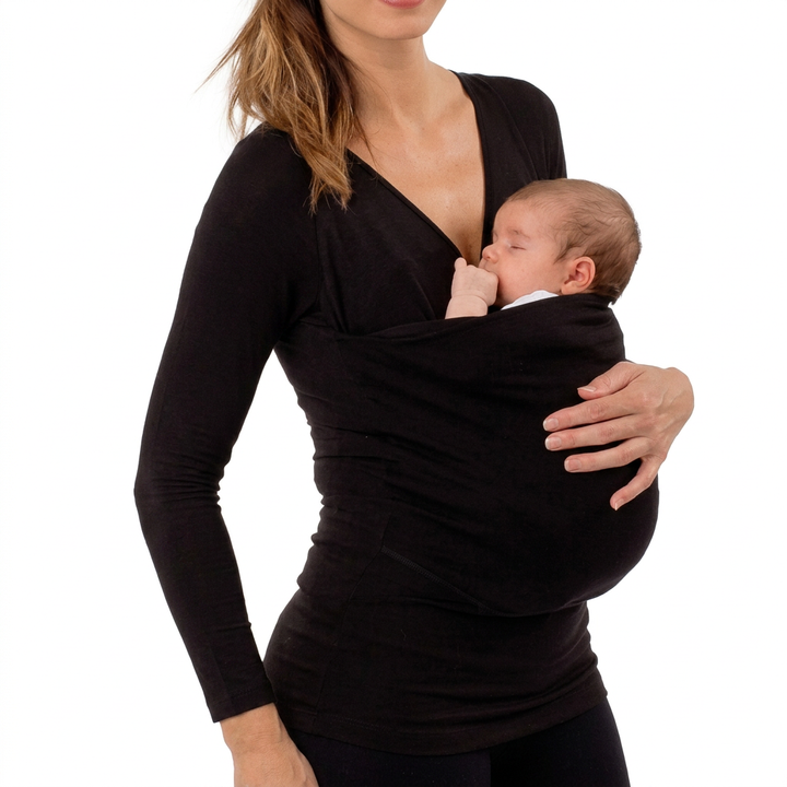 Detail van de ruime kangoeroezak in het oudervest, ontworpen voor veilig en geborgen baby dragen.