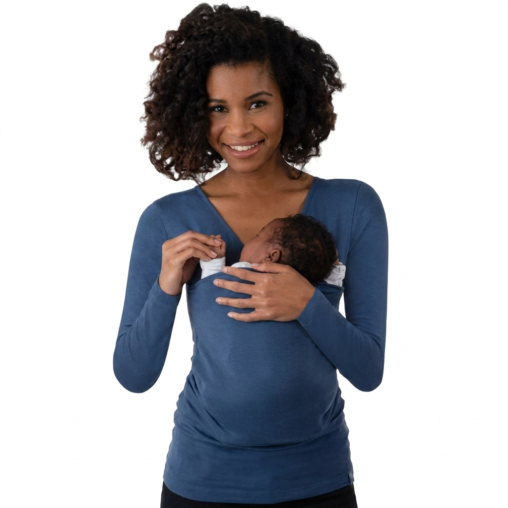 Ouder draagt baby in een comfortabel unisex kangoeroe oudervest, genietend van het contact en gemak. Een liefdevolle babydrager.