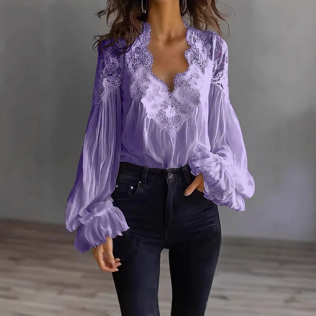 Lente/zomer damesblouse met comfortabele pofmouwen, chique kant en elegante ruches; stijlvol en ademend.