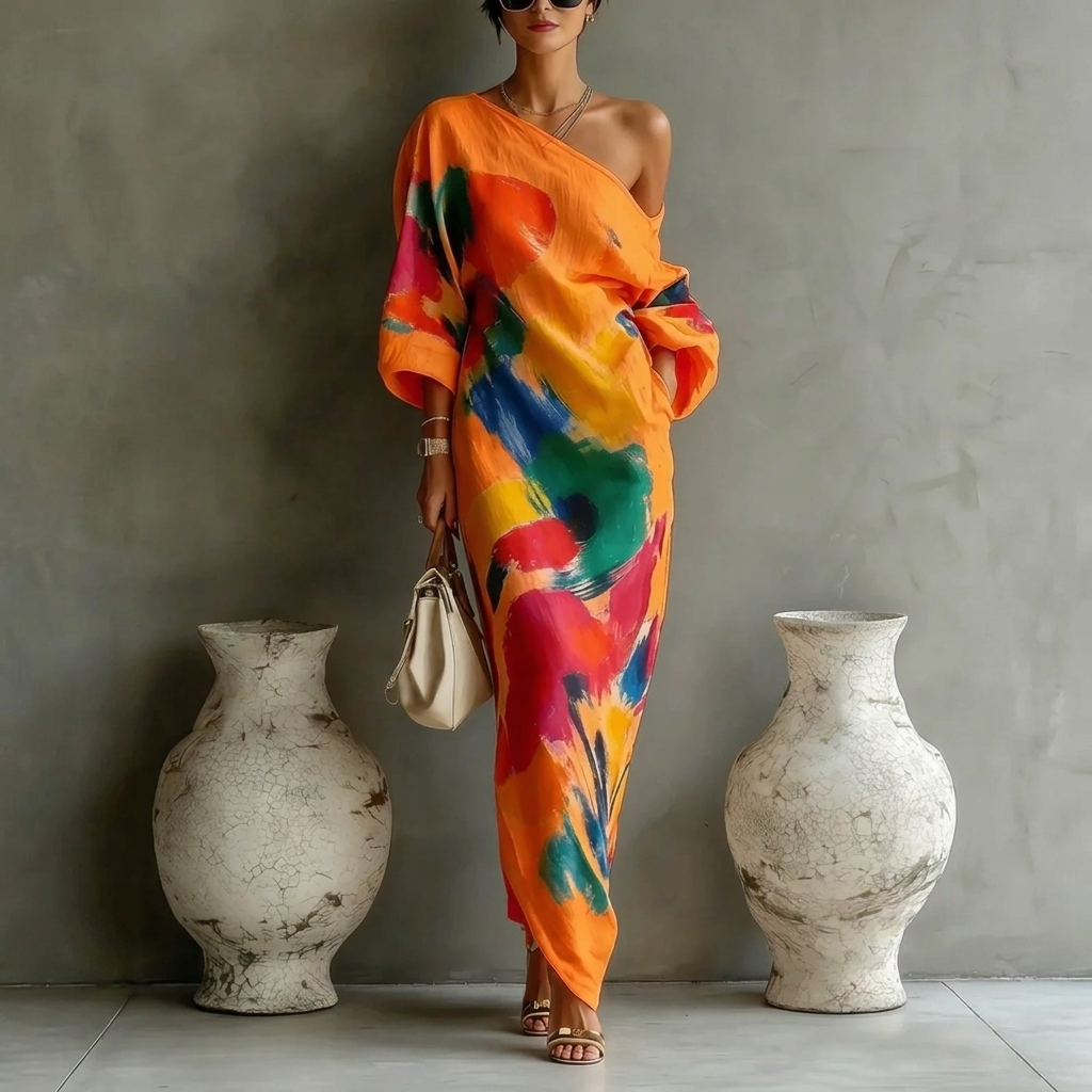 Dames casual off-shoulder jurk met levendige graffiti print. Modieuze zomerjurk, comfortabele relaxte pasvorm.