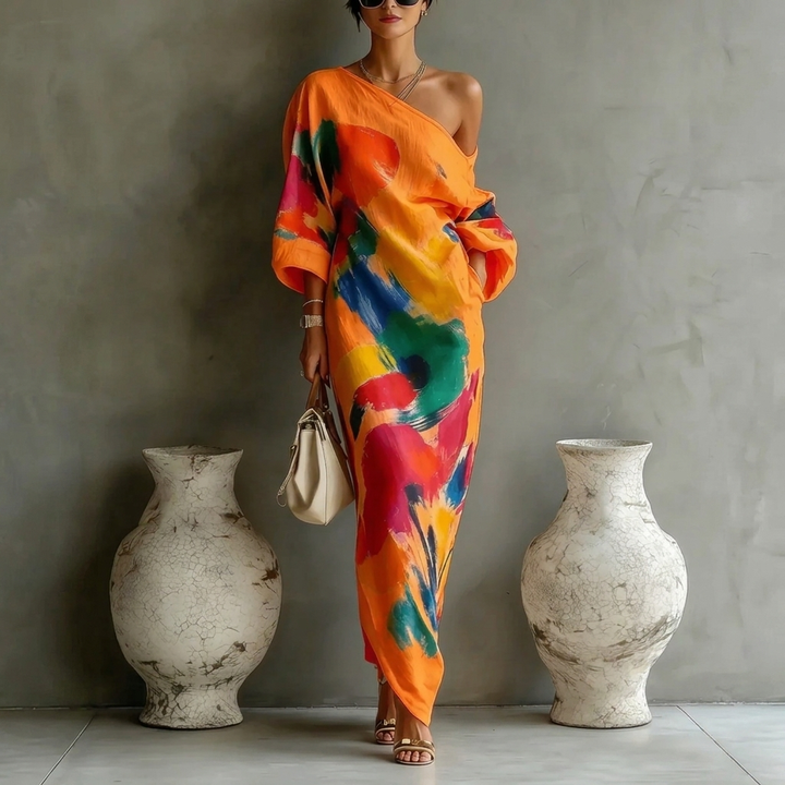 Dames casual off-shoulder jurk met levendige graffiti print. Modieuze zomerjurk, comfortabele relaxte pasvorm.