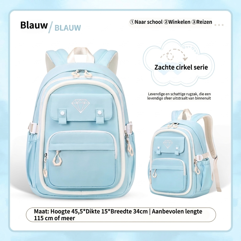 Beige meisjes rugzak met slimme multi-vakken indeling. Waterbestendig en lichtgewicht voor alle schoolbenodigdheden.