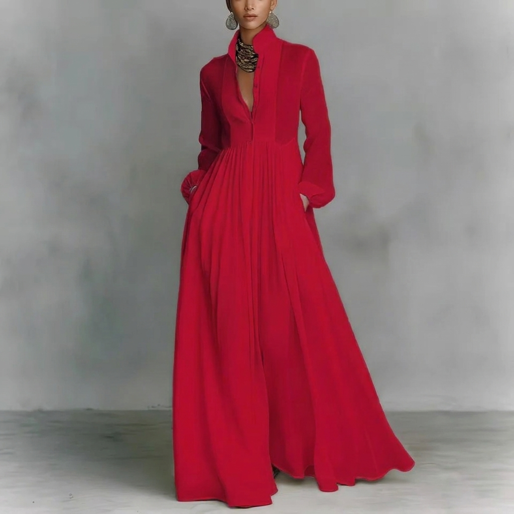 Lente/zomer dames maxi-jurk met lange mouwen, geplooid. Franse stijl voor een elegante en comfortabele look.