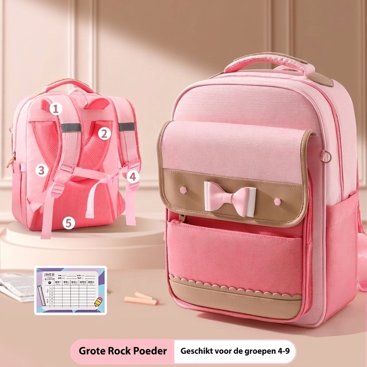 Roze kinderrugzak; praktische schooltas voor kids met handige vakken en verstelbare schouderbanden.