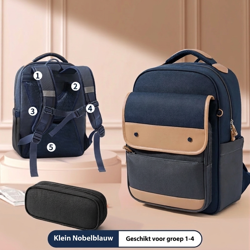 Details van lichtgewicht schooltas; robuuste ritsen en gewatteerde schouderbanden voor comfort.