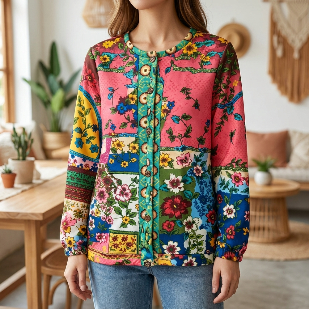 Trendy damesvest met uniek bloemenprint patchwork, perfect voor een stijlvolle en comfortabele vintage look.
