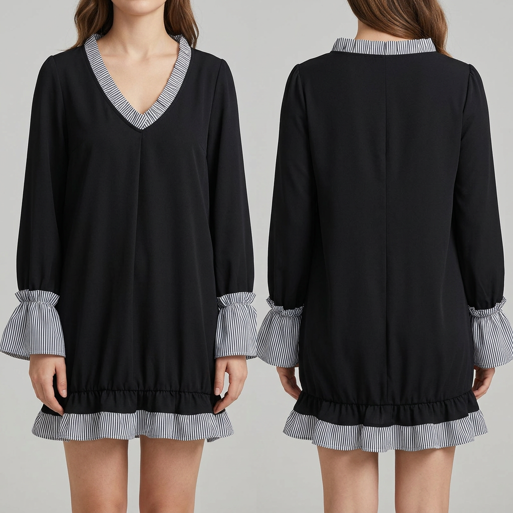 Zwart gestreept mini-jurkje voor dames met elegante V-hals, lange mouwen en speelse ruches; ideaal voor herfst/winter.
