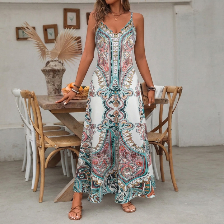 Bohemian maxi jurk CJ26 voor dames, met elegante V-hals en levendige print, ideaal als casual zomerkleding.