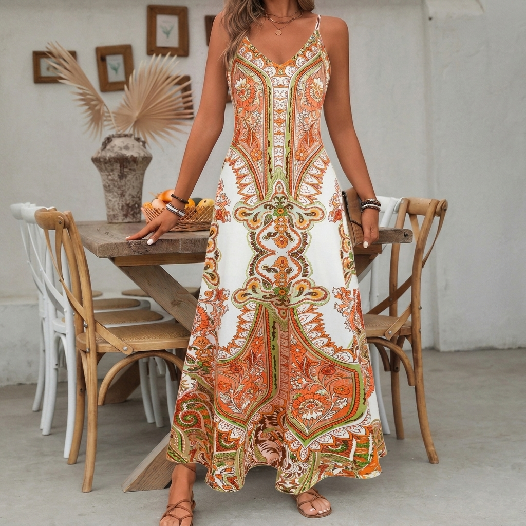 Zomerse slipjurk CJ26 voor dames, boho stijl met diepe V-hals en opvallende print, comfortabel en modieus.