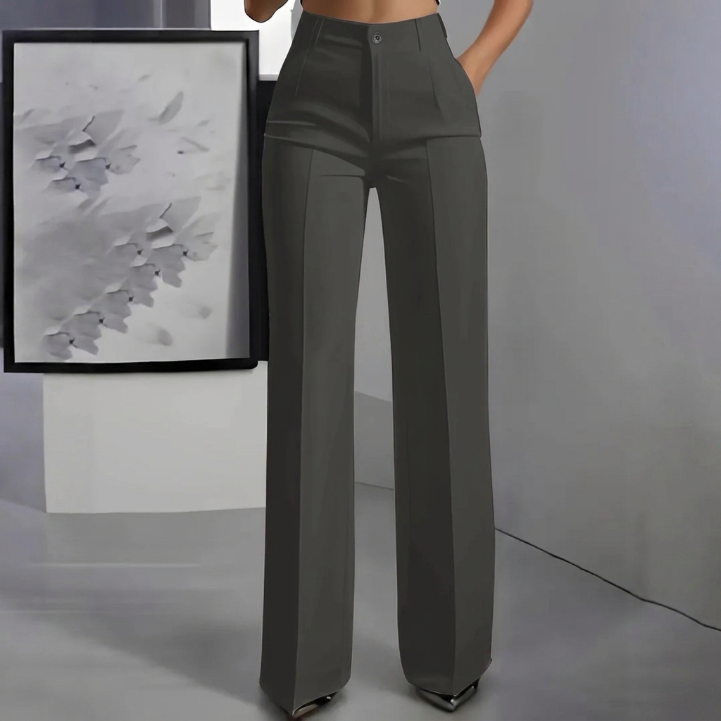 Zakelijke dames pantalon, straalt elegantie uit met de hoge taille en tijdloze rechte pijpen.